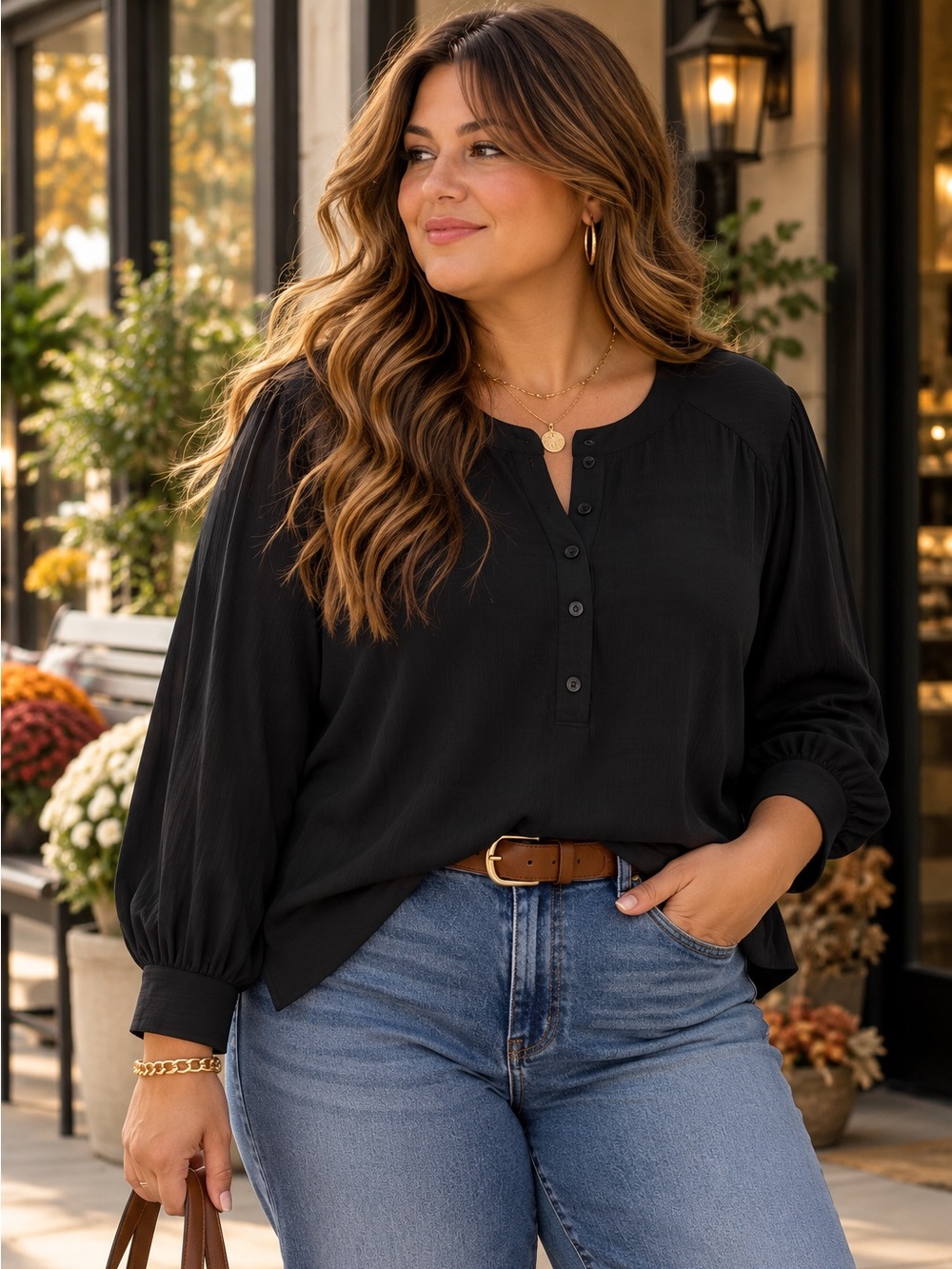 Penn. (Penningtons) Black Long Sleeve Henley Blouse – Size XXL